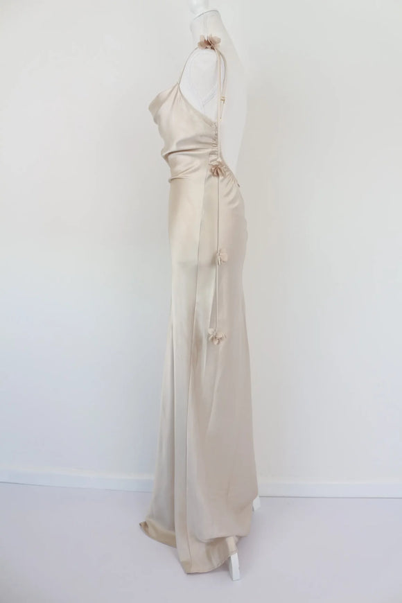 Cream satin dress with flower draping