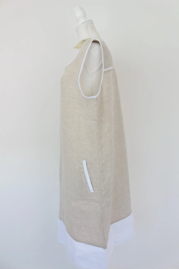 Beige and white 100% linen dress