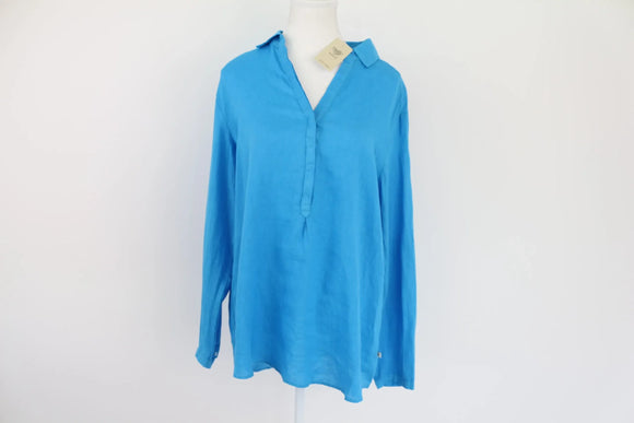 Blue long sleeve 100% linen blouse