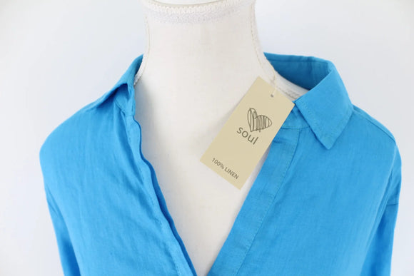 Blue long sleeve 100% linen blouse