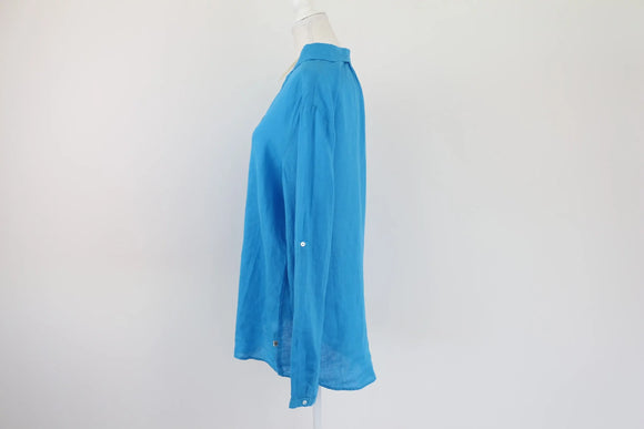Blue long sleeve 100% linen blouse
