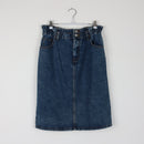Denim Pencil Skirt | Paper-Bag Waist | Double Button | Mid Blue | Size 12-1