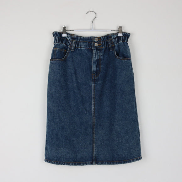 Denim Pencil Skirt | Paper-Bag Waist | Double Button | Mid Blue | Size 12