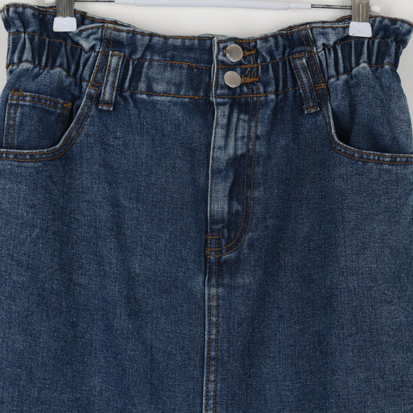 Denim Pencil Skirt | Paper-Bag Waist | Double Button | Mid Blue | Size 12