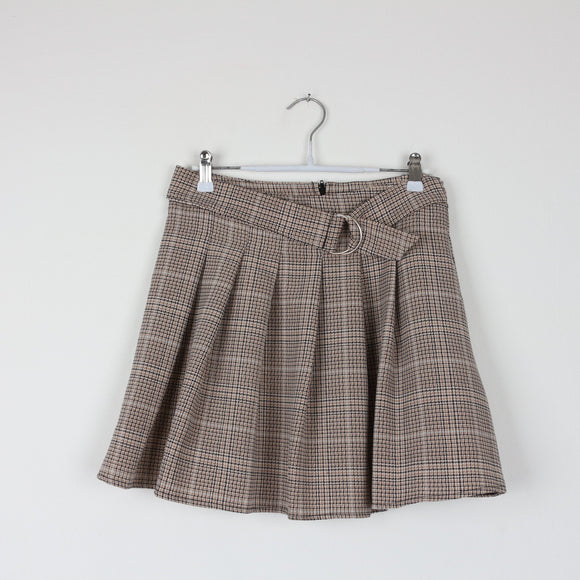 RT Glen Plaid Pleated Mini Skirt | D-Ring Belt | Beige & Brown | Size 12