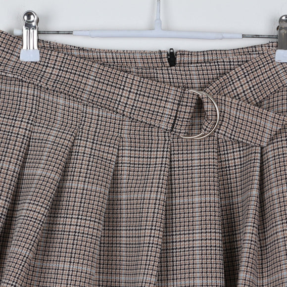 RT Glen Plaid Pleated Mini Skirt | D-Ring Belt | Beige & Brown | Size 12