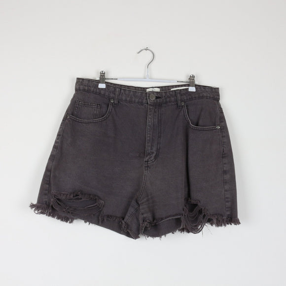 Cotton On High-Waist Charcoal Denim Shorts | Distressed Raw Hem | Size 18