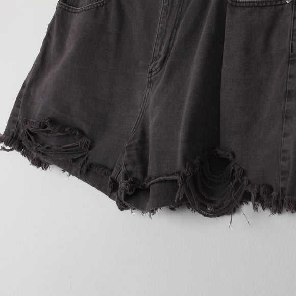 Cotton On High-Waist Charcoal Denim Shorts | Distressed Raw Hem | Size 18