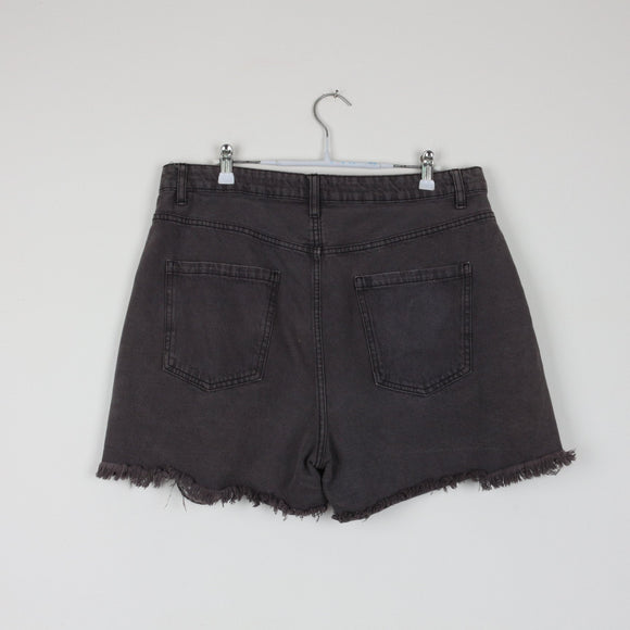 Cotton On High-Waist Charcoal Denim Shorts | Distressed Raw Hem | Size 18