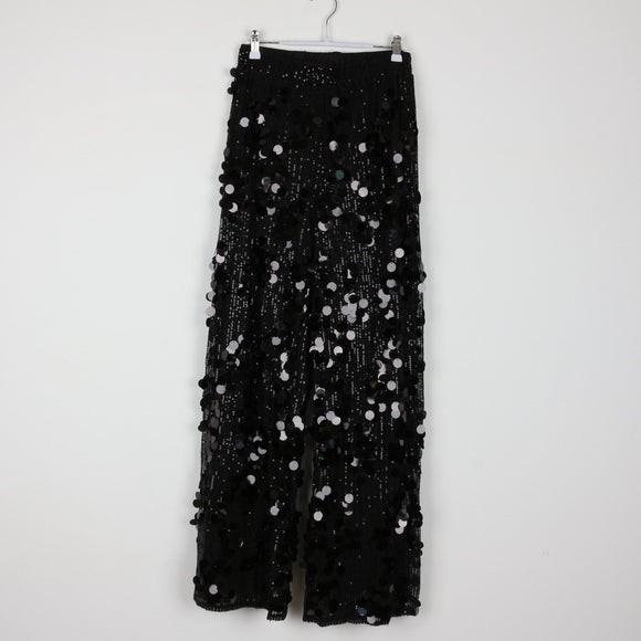 Black Wide-Leg Sequin Trousers | Coin Disc Embellishment | Party | Size M