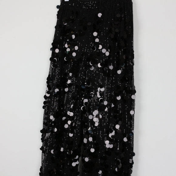 Black Wide-Leg Sequin Trousers | Coin Disc Embellishment | Party | Size M