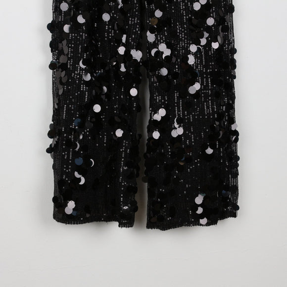 Black Wide-Leg Sequin Trousers | Coin Disc Embellishment | Party | Size M