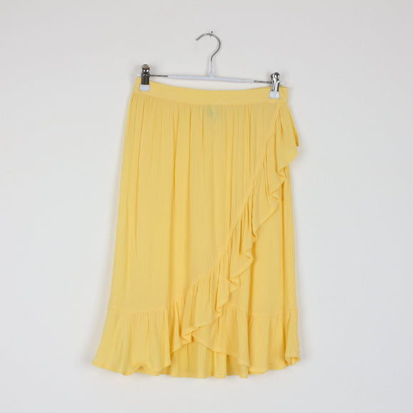 Soda Bloc Pastel Yellow Midi Skirt | Ruffle Wrap Hem | Flowy | Size 11/12