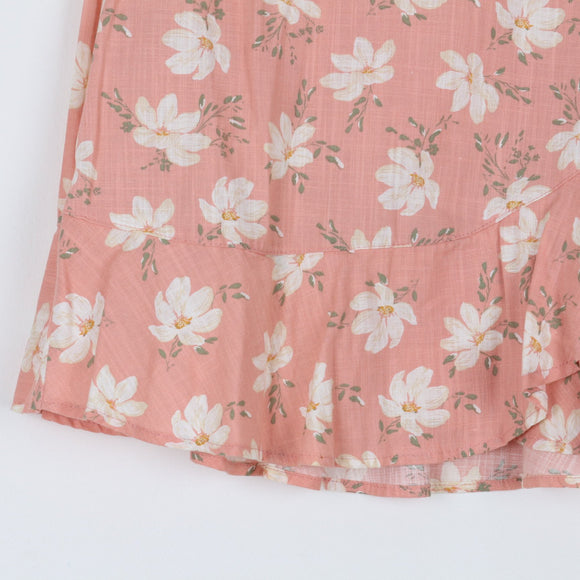 Dusty Pink Floral Wrap Mini Skirt | Side Bow Tie | Ruffle Hem | Size L