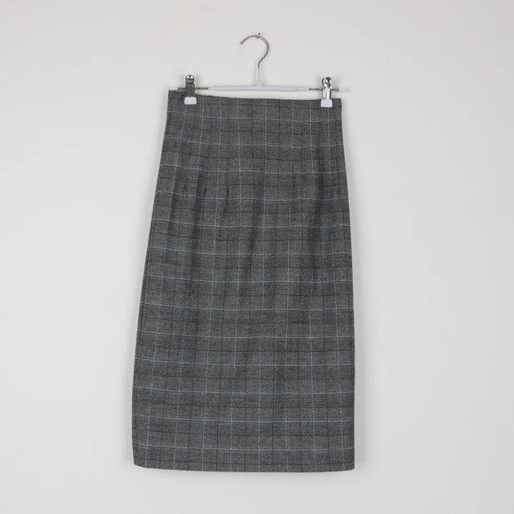 Mango Basics Grey Windowpane Check Midi Pencil Skirt | High Waist | Tailored | Size 34
