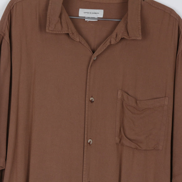 Cotton On Brown Camp Collar Relaxed Shirt | Short Sleeve | Chest Pocket | Size 2XL