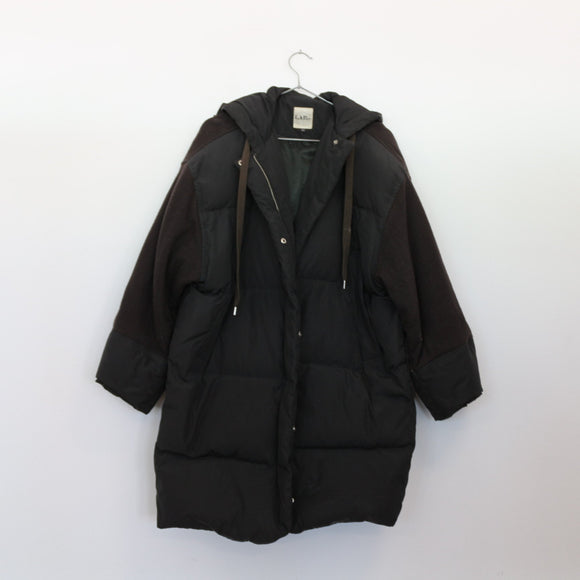 LAP Olive Puffer Jacket | Contrast Wool Sleeves | Drawstring Hood | Zip & Snap | Size S
