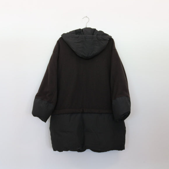 LAP Olive Puffer Jacket | Contrast Wool Sleeves | Drawstring Hood | Zip & Snap | Size S