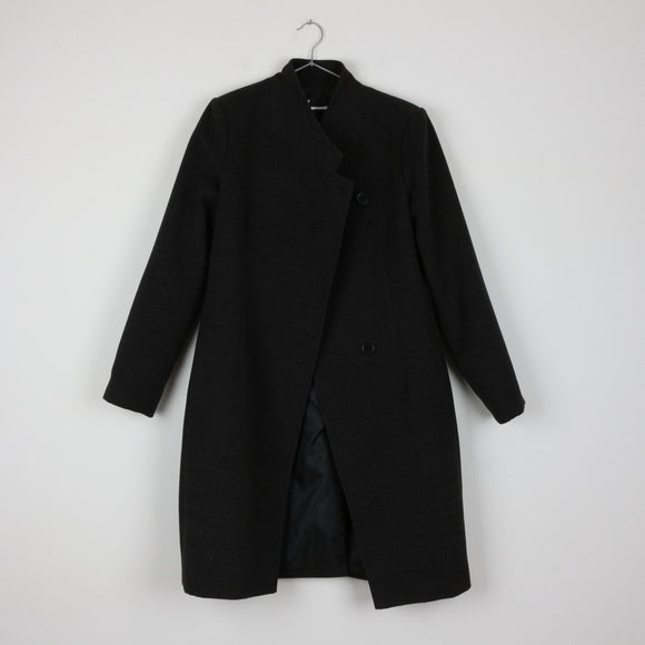 Black Melton Wool Mid-Length Coat | Stand Collar | Asymmetric Button | Brand New | Size 34