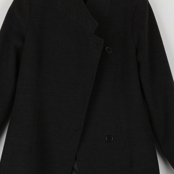 Black Melton Wool Mid-Length Coat | Stand Collar | Asymmetric Button | Brand New | Size 34