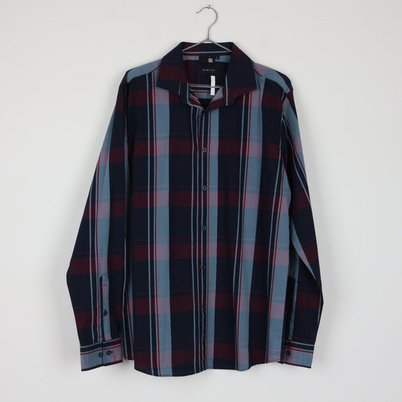 DSS Slim Fit Navy & Burgundy Tartan Plaid Shirt | Long Sleeve | Spread Collar | Size L