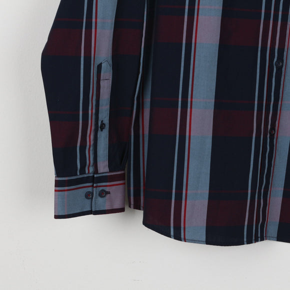 DSS Slim Fit Navy & Burgundy Tartan Plaid Shirt | Long Sleeve | Spread Collar | Size L