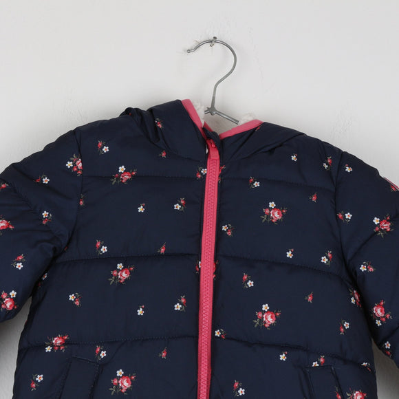 GAP Navy Floral Puffer Jacket with Sherpa Lining (3 Years)