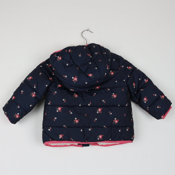 GAP Navy Floral Puffer Jacket with Sherpa Lining (3 Years)