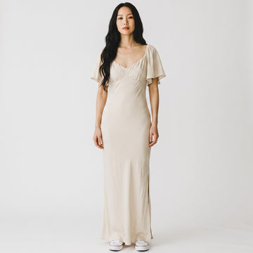 Off-White Satin Maxi Dress with Flowy Sleeves | Size M | Brand New