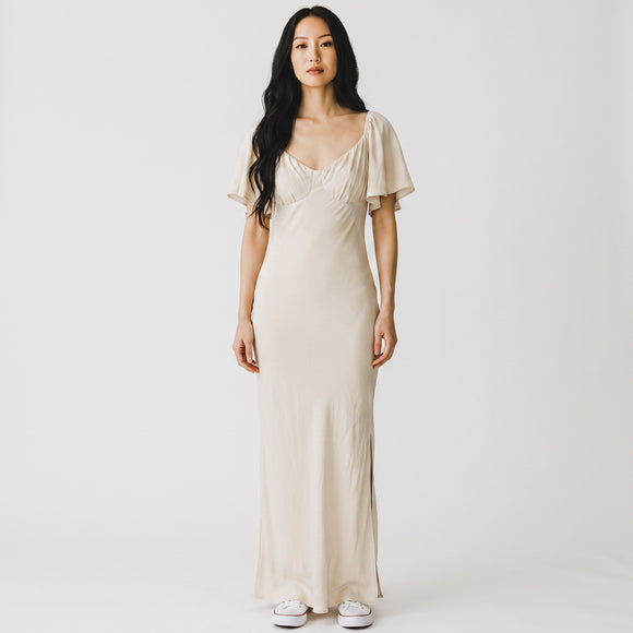 Off-White Satin Maxi Dress with Flowy Sleeves | Size M | Brand New