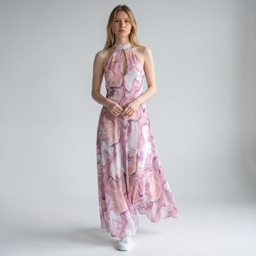 Pink & Purple Marble Print Halter Neck Maxi Dress | Size M | Brand New