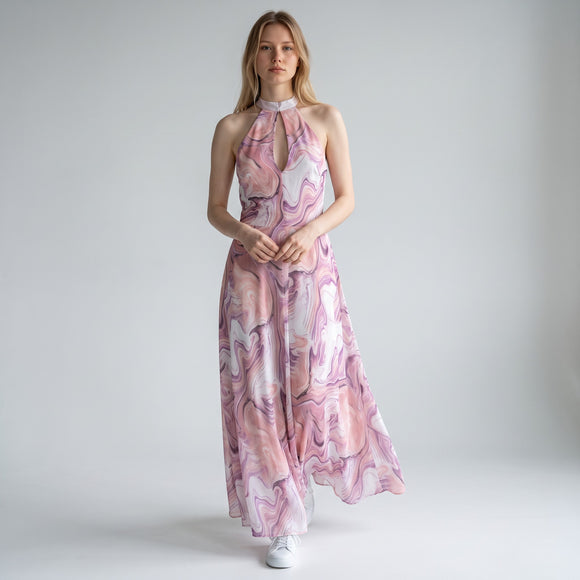 Pink & Purple Marble Print Halter Neck Maxi Dress | Size M | Brand New