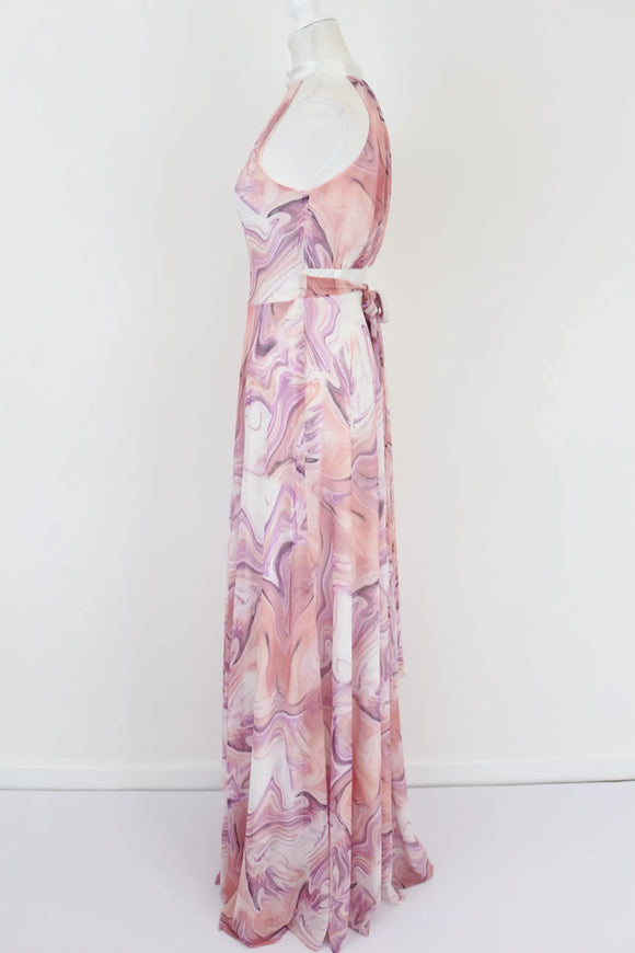Pink and purple marble maxi halter neck dress - M