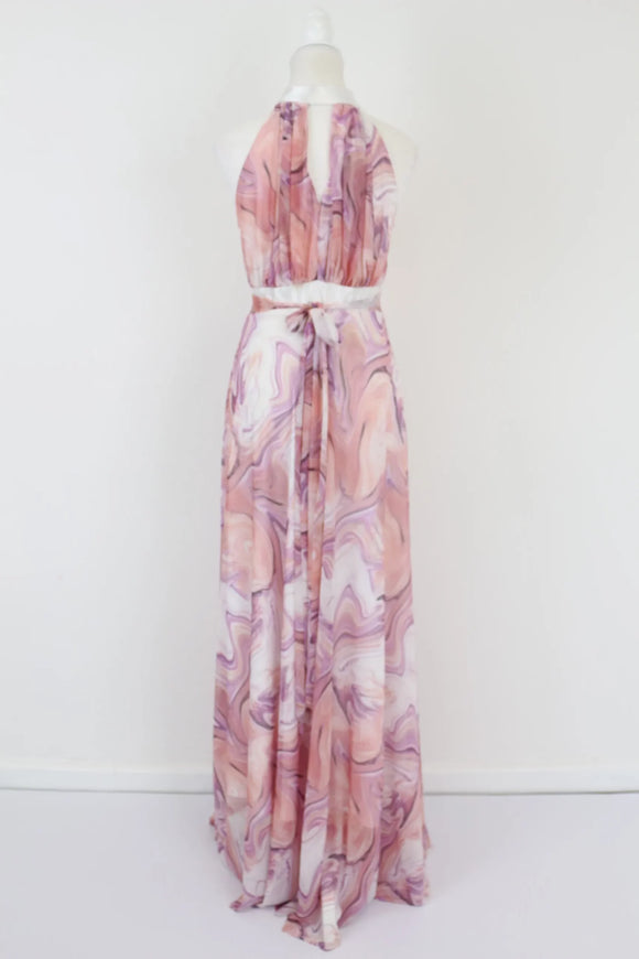 Pink and purple marble maxi halter neck dress - M