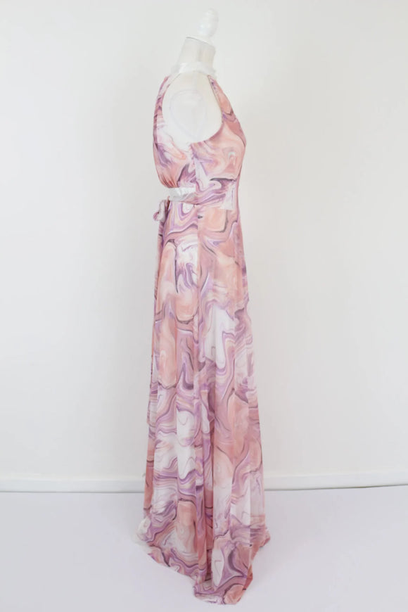 Pink and purple marble maxi halter neck dress - M