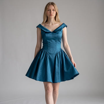 Midnight Blue Off-Shoulder Basque Waist Mini Dress | Size M | Brand New