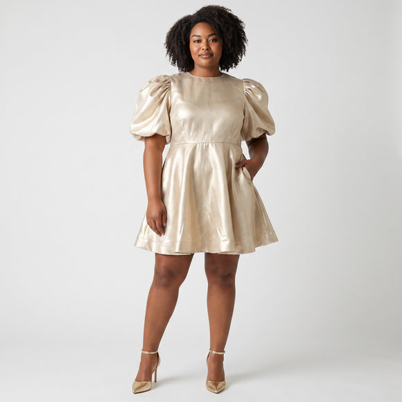 Gold Metallic Puff Sleeve Mini Dress | Sizes XL–XXL | Brand New
