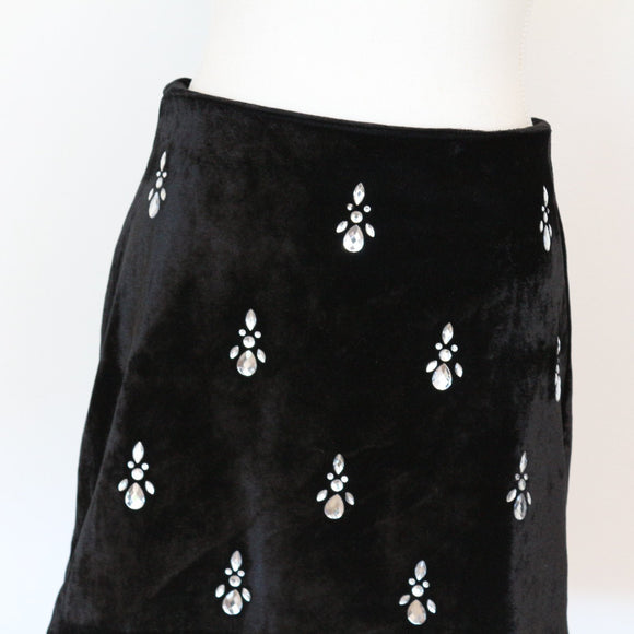 Black Crushed Velvet Rhinestone Embellished Mini Skirt – Size 10