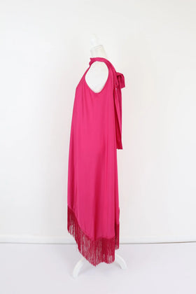 Cherise pink satin dress with tassels - S - 0