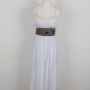 White Chiffon Ruched Strapless Maxi Dress with Pearl Trim & Beaded Sash – Size S-1