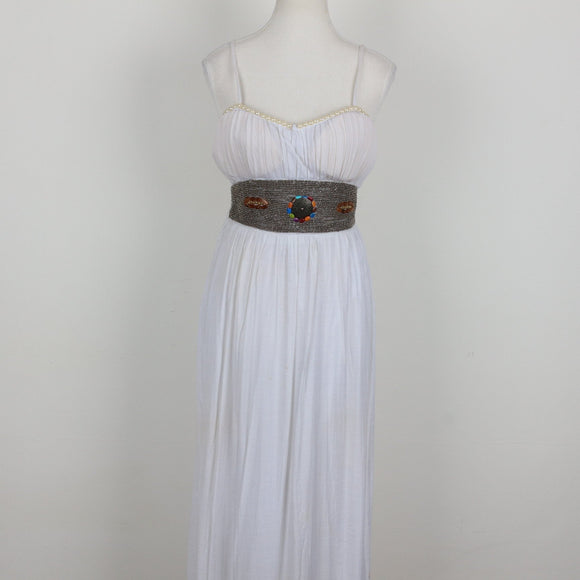 White Chiffon Ruched Strapless Maxi Dress with Pearl Trim & Beaded Sash – Size S