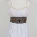White Chiffon Ruched Strapless Maxi Dress with Pearl Trim & Beaded Sash – Size S-2