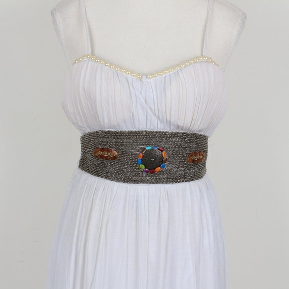 White Chiffon Ruched Strapless Maxi Dress with Pearl Trim & Beaded Sash – Size S