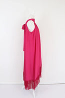 Cherise pink satin dress with tassels - S-4