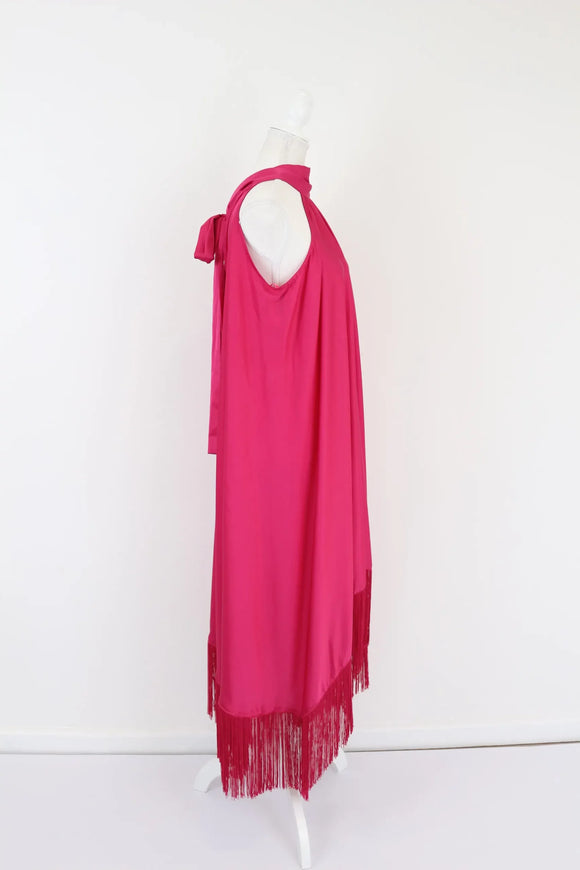 Cherise pink satin dress with tassels - S