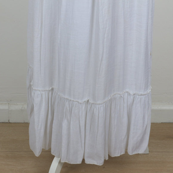 White Chiffon Ruched Strapless Maxi Dress with Pearl Trim & Beaded Sash – Size S