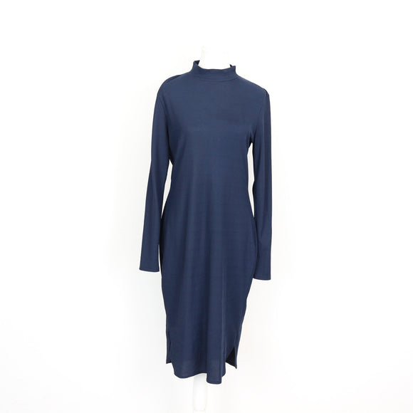 Woolworths Navy Ribbed Mock-Neck Long Sleeve Midi Dress with Side Split – Size M
