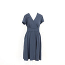 Steel Blue Short Sleeve Wrap-Front V-Neck Midi Dress with Wide Waistband – Size M-1