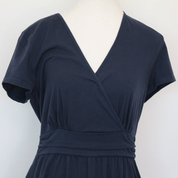 Steel Blue Short Sleeve Wrap-Front V-Neck Midi Dress with Wide Waistband – Size M
