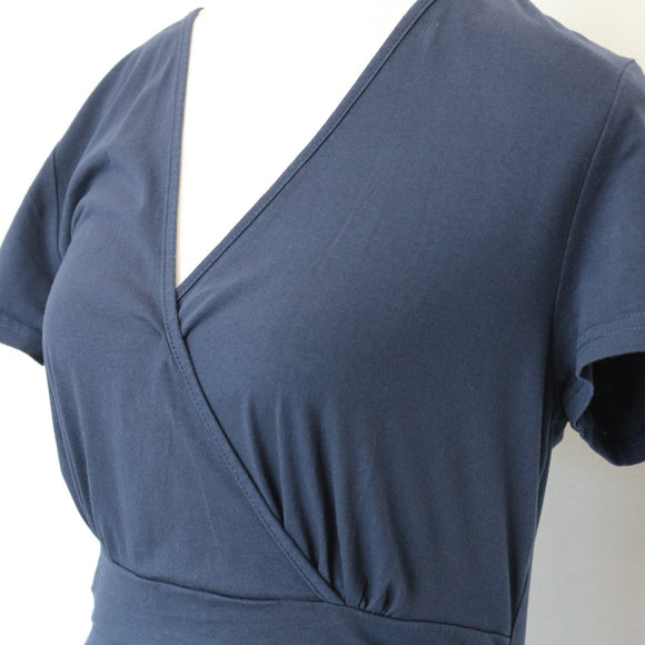 Steel Blue Short Sleeve Wrap-Front V-Neck Midi Dress with Wide Waistband – Size M